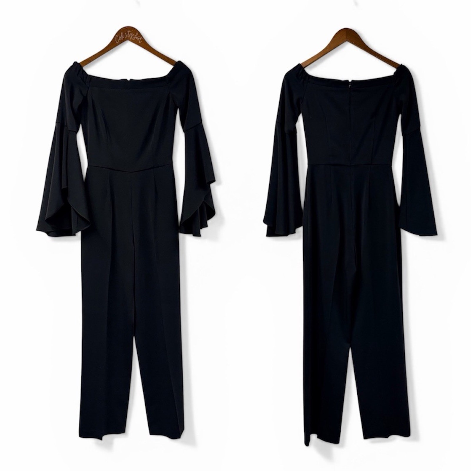 Issue New York Black Jumpsuit Bell Sleeve Leg Slits Pockets Xs Boat Neck